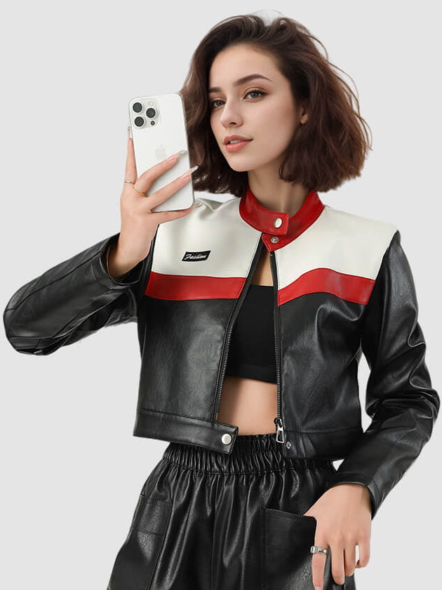NURO Women's Color-Block Biker Jacket, Cropped Stand Collar Pilot Style Coat