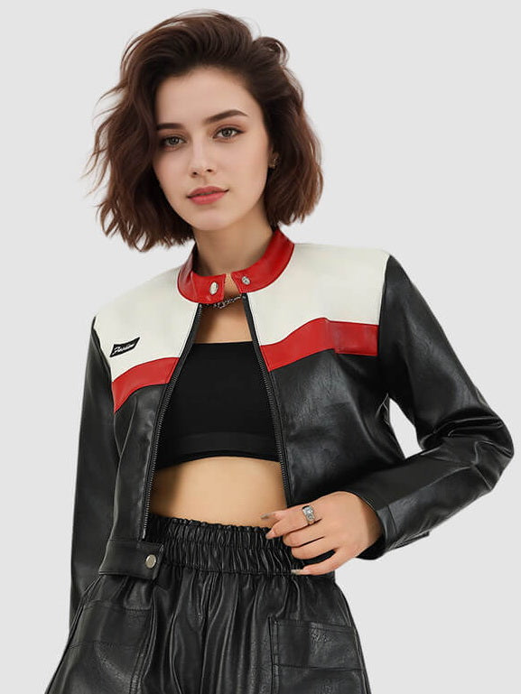 NURO Women's Color-Block Biker Jacket, Cropped Stand Collar Pilot Style Coat