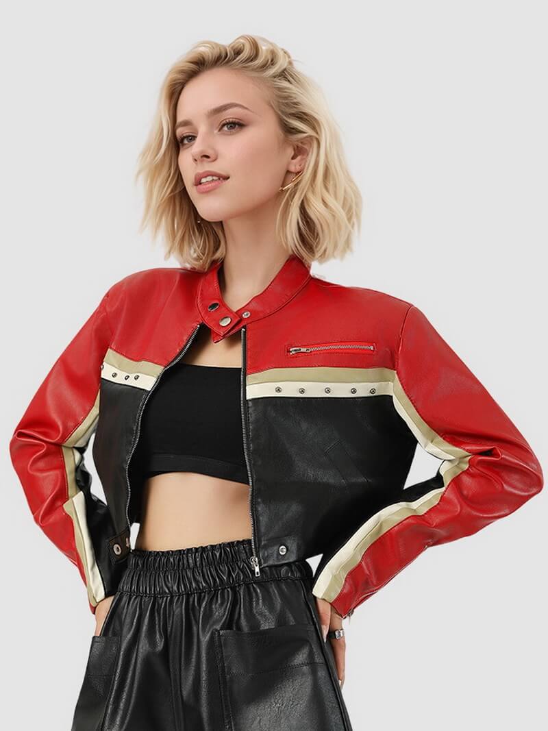 NURO Women's Color-Block Crop PU Leather Jacket, Loose Fit Biker Style Zip-Up