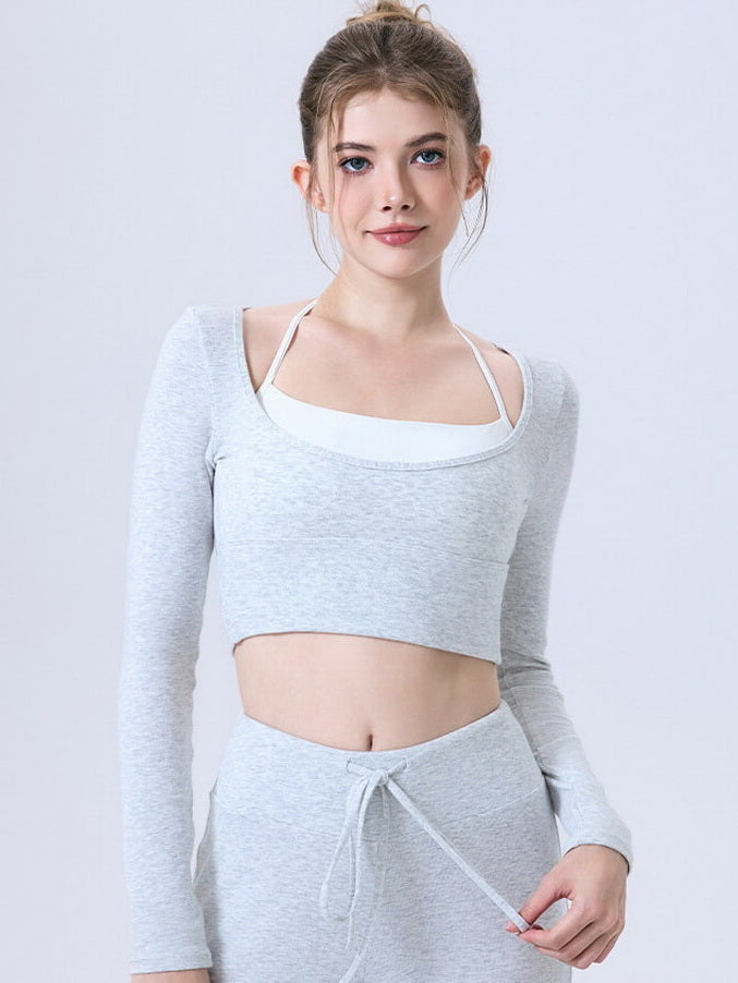 NURO Women's Color Block Long Sleeve Crop Top with Semi-Padded Bra