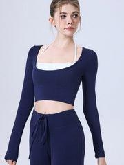 NURO Women's Color Block Long Sleeve Crop Top with Semi-Padded Bra