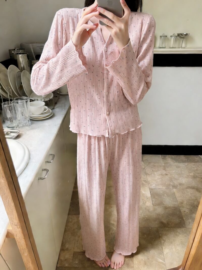 NURO Women's Floral Print Lounge Set with Built-in Bra, Long Sleeve Comfy Pajamas, Thick Warm Sleepwear for Fall Winter Spring