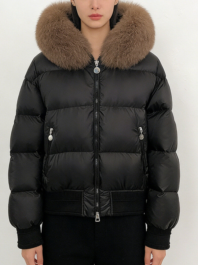 NURO Women's Fox Fur Collar Short Down Jacket - Slim Fit Thermal Puffer Coat with Detachable Hood