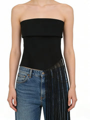 NURO Women's Fringe Detail Tube Top - Stretchy Knit Bustier