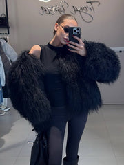 NURO Women's Hip Hop Faux Shearling Coat with Shawl Collar, Streetwear Jacket, Bomber Style Short Outerwear