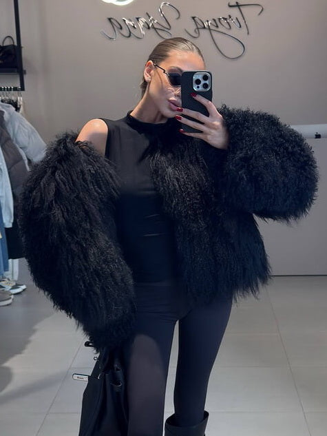 NURO Women's Hip Hop Faux Shearling Coat with Shawl Collar, Streetwear Jacket, Bomber Style Short Outerwear