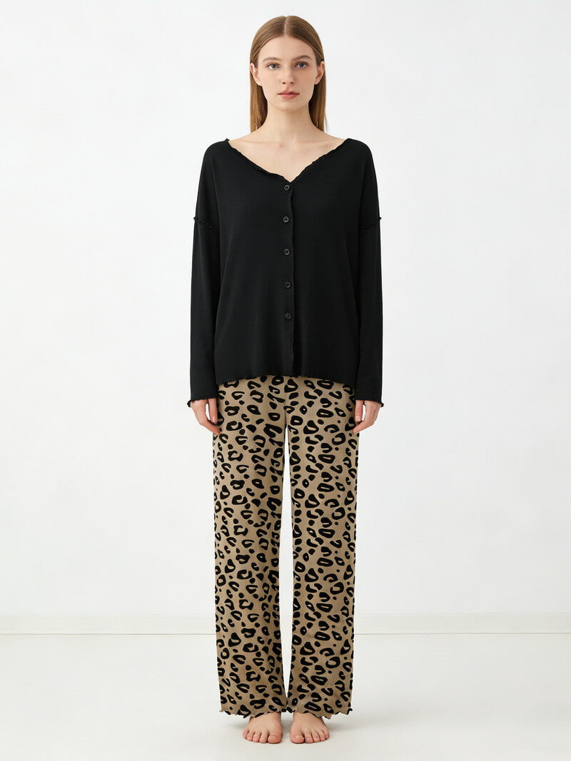 NURO Women's Leopard Print Modal Loungewear Set, Long Sleeve V-Neck Sleepwear, Trendy Comfortable Pajamas for Spring and Fall