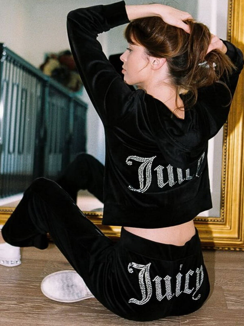 NURO Women's Letter Print Hoodie and Jogger Set | Casual Fleece Loungewear with Rhinestone Design | Loose Fit Two-Piece Sweatsuit for Streetwear