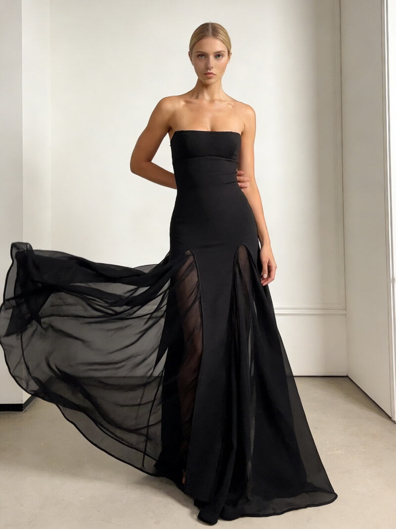 NURO Women's Mesh Panel Bandage Gown, Strapless Bodycon Evening Dress