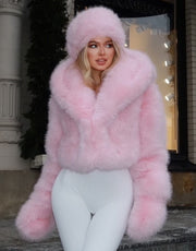 NURO Women's Pink Hooded Faux Fur Jacket, Short Tweed-Style Coat, Elegant Winter Outerwear