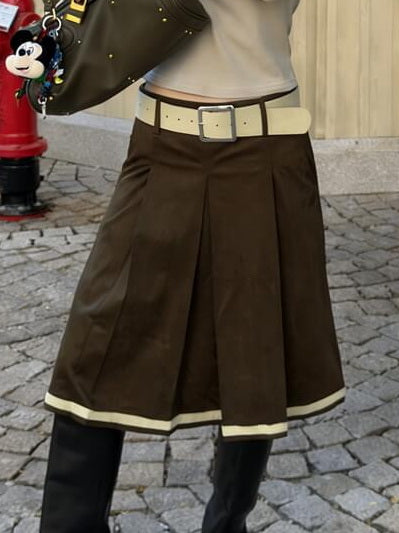 NURO Women's Pleated Midi Skirt, High-Temperature Shaping Flared Skirt with Color-Block Waistband and Patch Design, Vintage Style Streetwear Skirt