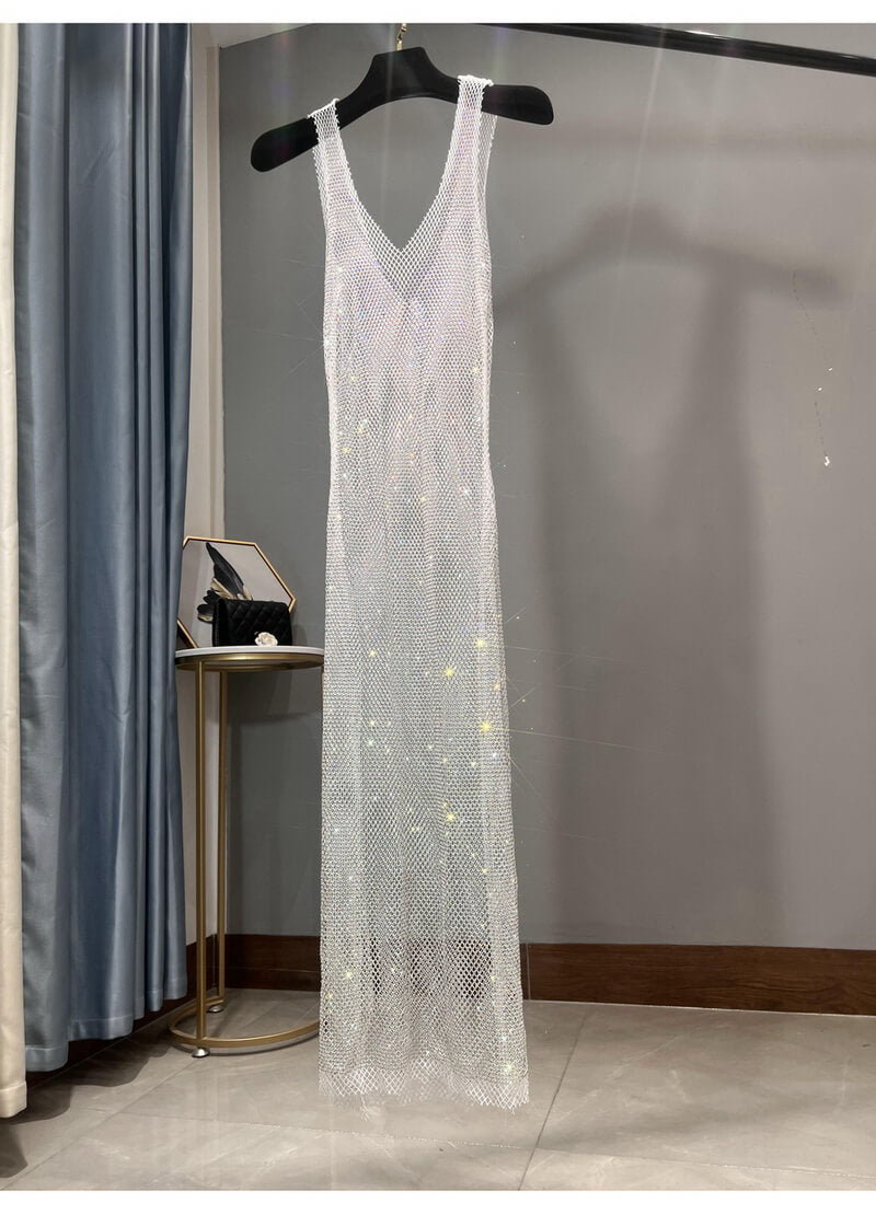 NURO Women's Rhinestone Mesh Long Dress Deep V-Neck Sleeveless Bodycon Slit Party Gown