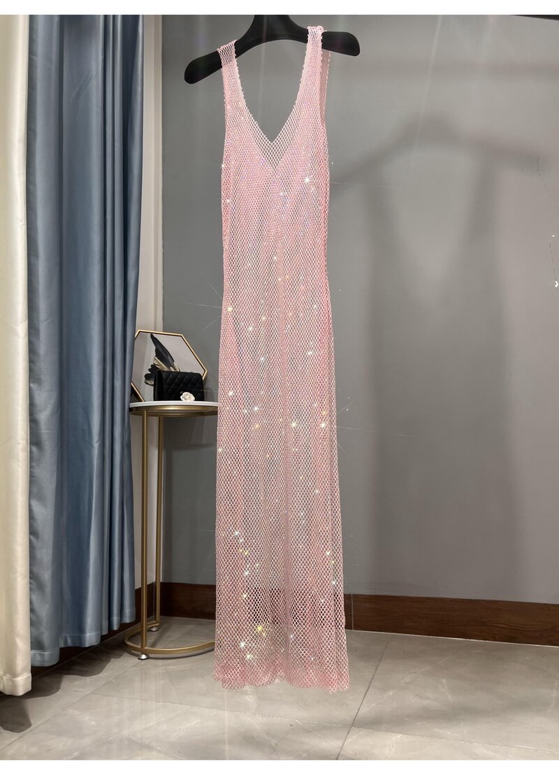 NURO Women's Rhinestone Mesh Long Dress Deep V-Neck Sleeveless Bodycon Slit Party Gown