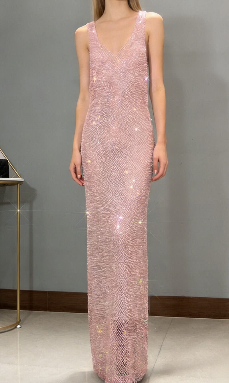 NURO Women's Rhinestone Mesh Long Dress Deep V-Neck Sleeveless Bodycon Slit Party Gown