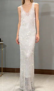 NURO Women's Rhinestone Mesh Long Dress Deep V-Neck Sleeveless Bodycon Slit Party Gown