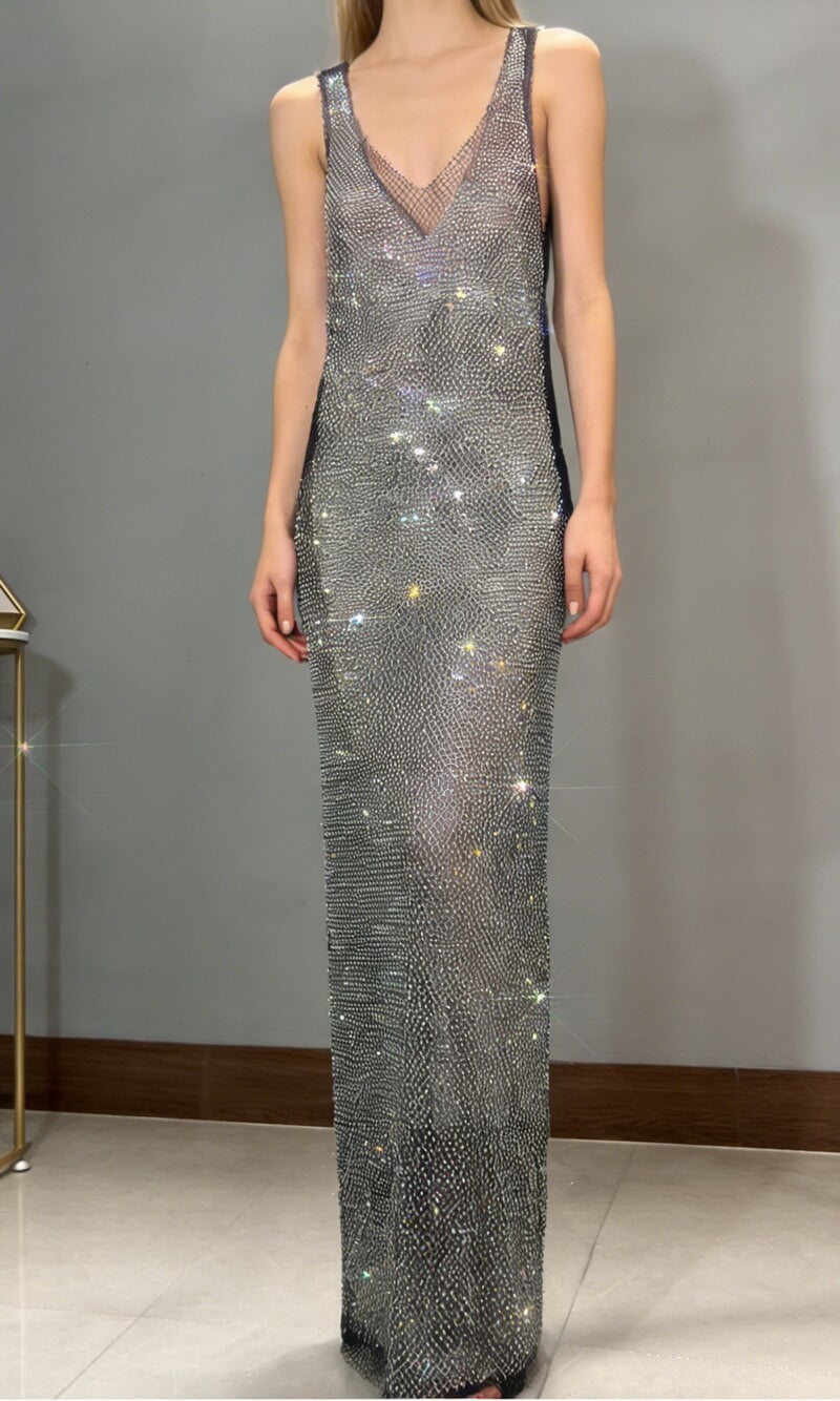 NURO Women's Rhinestone Mesh Long Dress Deep V-Neck Sleeveless Bodycon Slit Party Gown