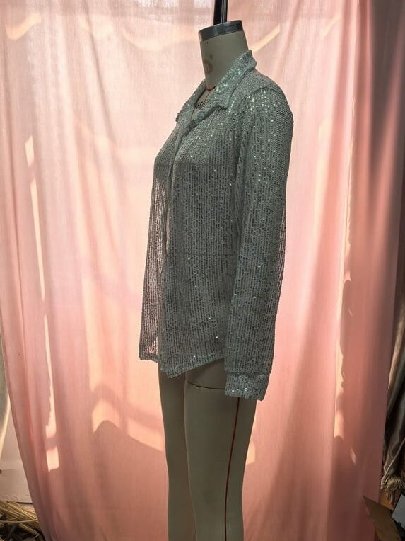 NURO Women's Sequin Long Sleeve Blouse - Oversized Glitter Top with Collar for Party and Night Out