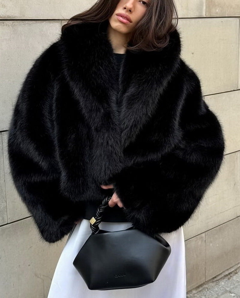 NURO Women's Shawl Collar Faux Fur Jacket, Elegant Cropped Coat, Faux Fox Fur Short Outerwear