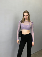 NURO Women's Sheer Mesh Long Sleeve Bolero - Rhinestone Trim, Cropped, Shrug Top