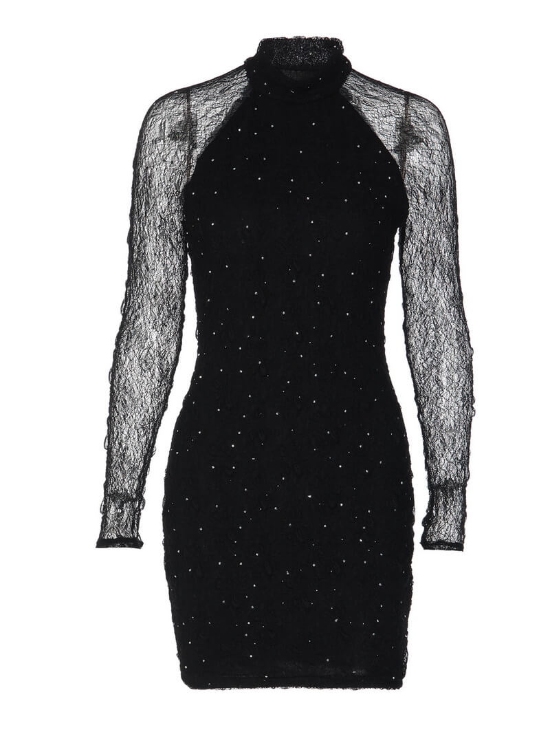 NURO Women's Sheer Mesh Sparkle Sequin Bodycon Dress, High Neck Long Sleeve Midi Dress for Winter