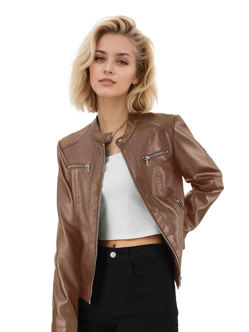 NURO Women's Stand Collar Faux Leather Jacket, Slim Fit Zip-Up Biker Style Coat