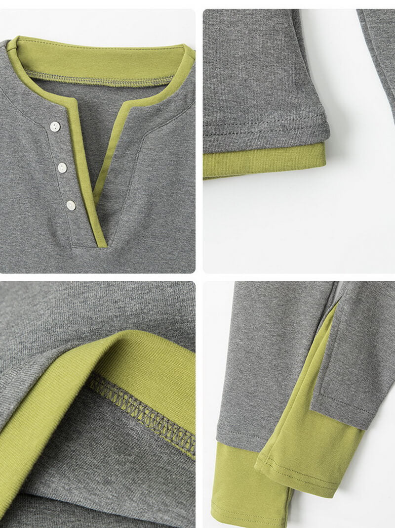 NURO Women's Two-Tone Faux Two-Piece Long Sleeve Crop Top, Slim Fit Layering Tee