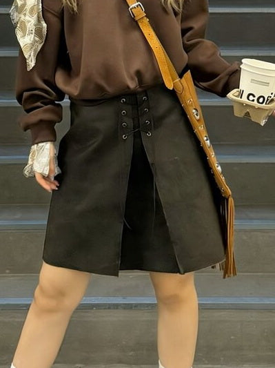 NURO Women's Vintage A-Line Midi Skirt, Cross-Back Tie Detail with Ruched Side and Distressed Wash, High-Temp Shaping Streetwear Skirt (Curry)