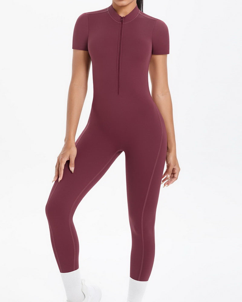 NURO Women's Zip-Front Short Sleeve Workout Jumpsuit with Built-In Bra