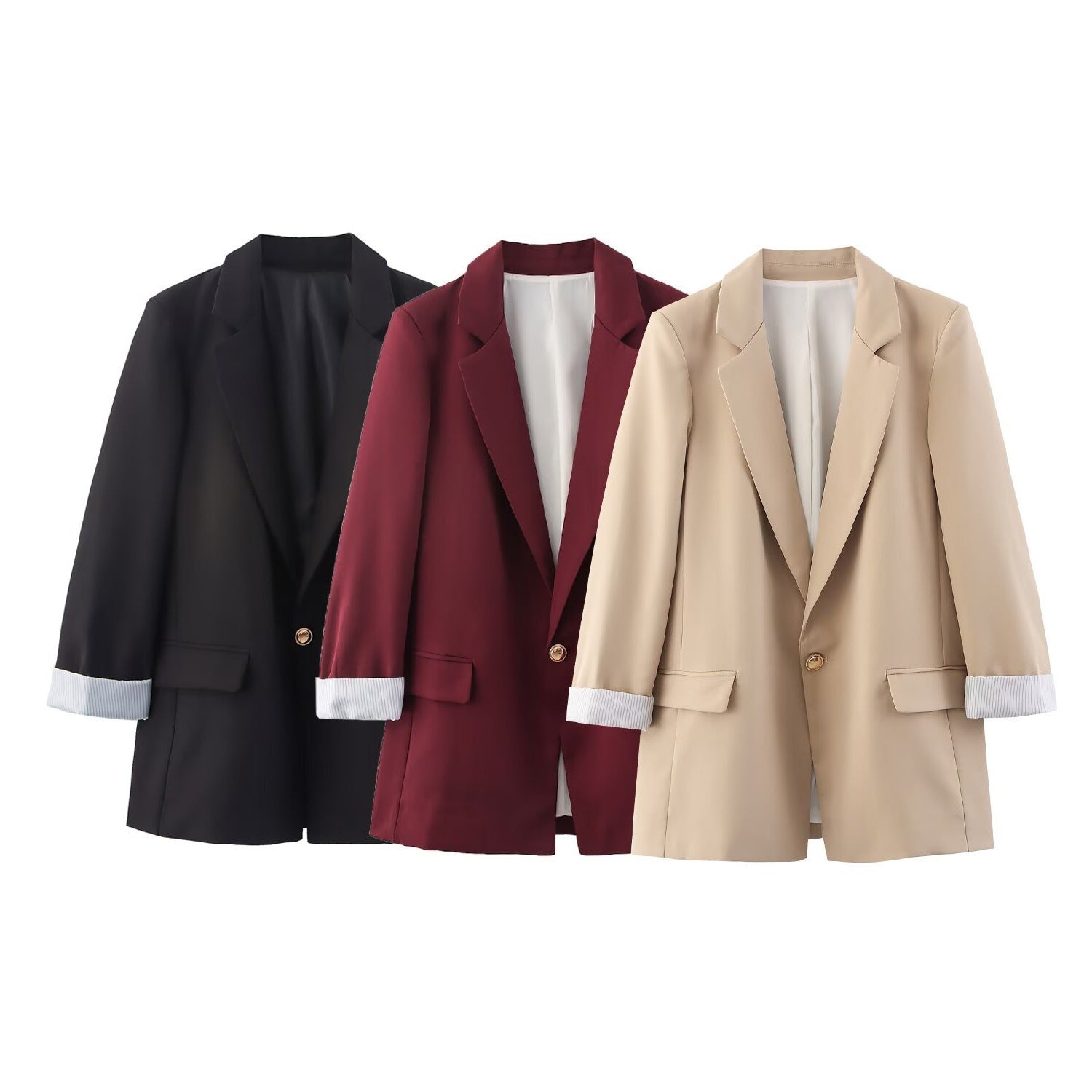 Women's Casual Blazer with Roll Tab and Color Contrast Cuffs