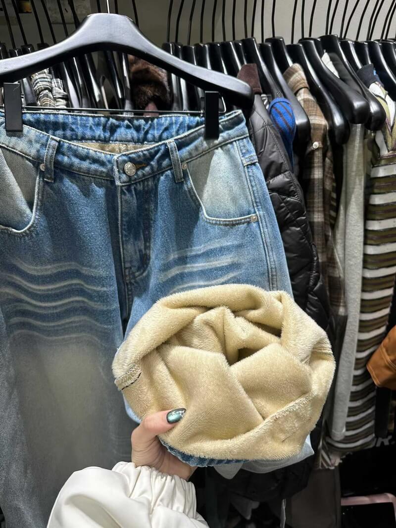 NURO Washed Straight Leg Jeans, Low Rise Wide Fit Denim Pants with Whisker Fading, Vintage Streetwear Casual Trousers