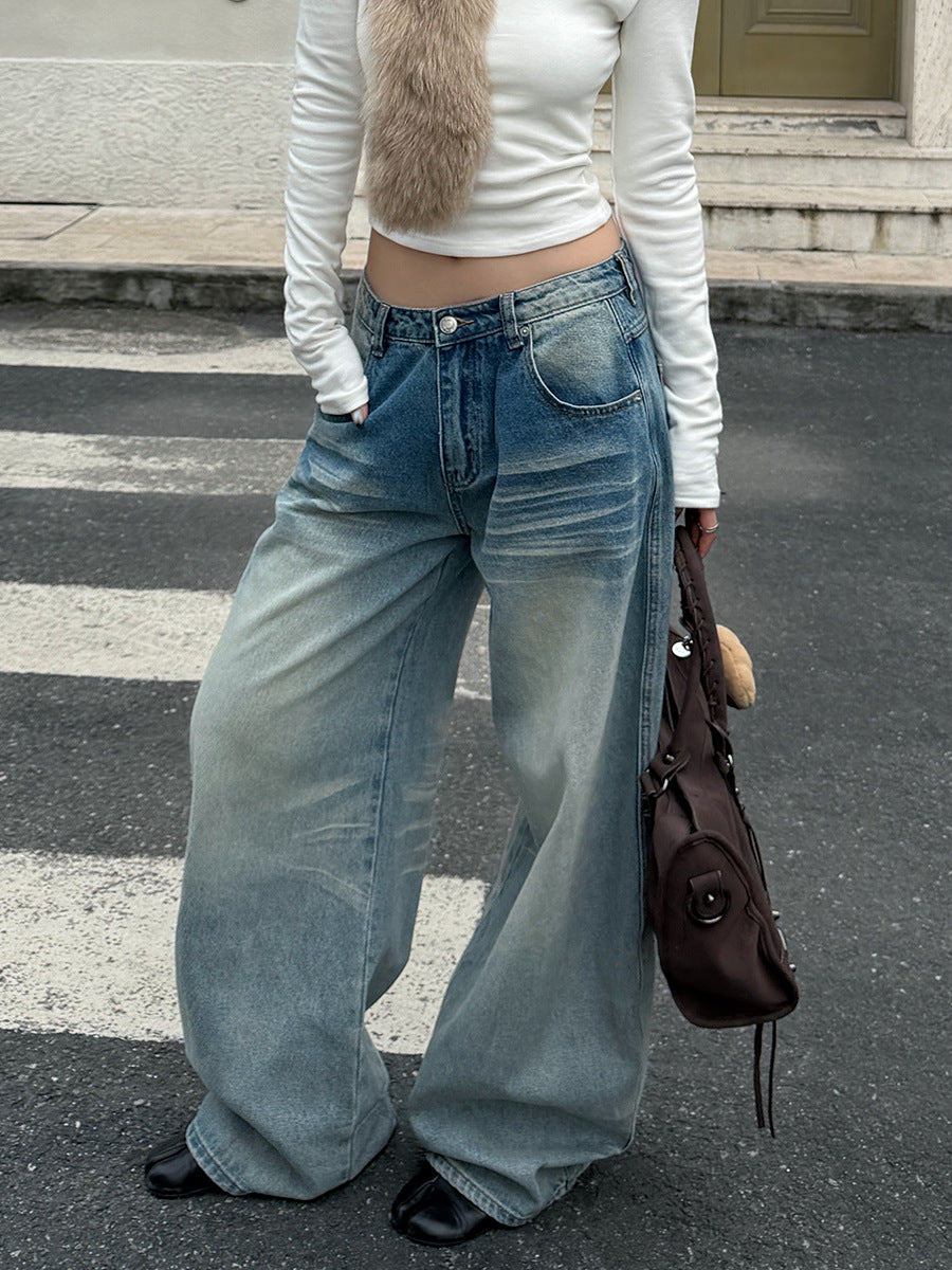 NURO Women's Baggy Vintage Denim Jeans - High-Temp Shaping, Distressed Wash, Loose Cargo Pants with Fleece Lining, Low Rise Streetwear (Light Blue)