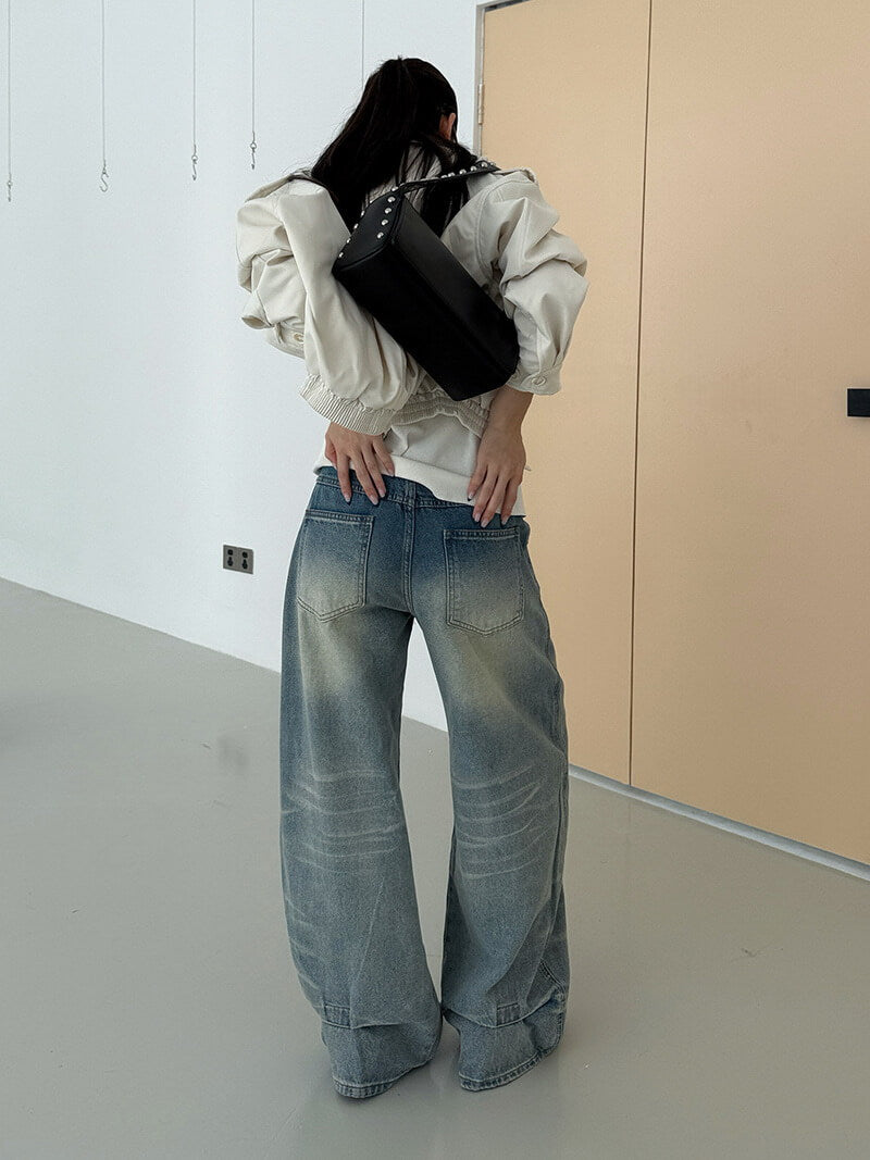 NURO Washed Straight Leg Jeans, Low Rise Wide Fit Denim Pants with Whisker Fading, Vintage Streetwear Casual Trousers