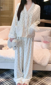 Women's Black Small Heart Print Plush Pajama Set 3-Piece, Soft Fleece Loungewear with Camisole, Cozy Sleepwear for Winter and Fall