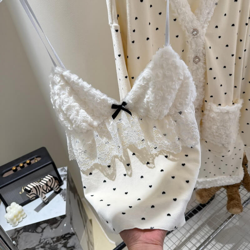 Women's Black Small Heart Print Plush Pajama Set 3-Piece, Soft Fleece Loungewear with Camisole, Cozy Sleepwear for Winter and Fall