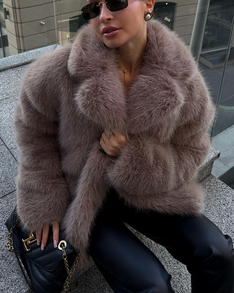 Women's Faux Fur Coat, Yellow Teddy Jacket with Notched Collar, Winter Fake Fur Outerwear for Street Style and Sweet Look