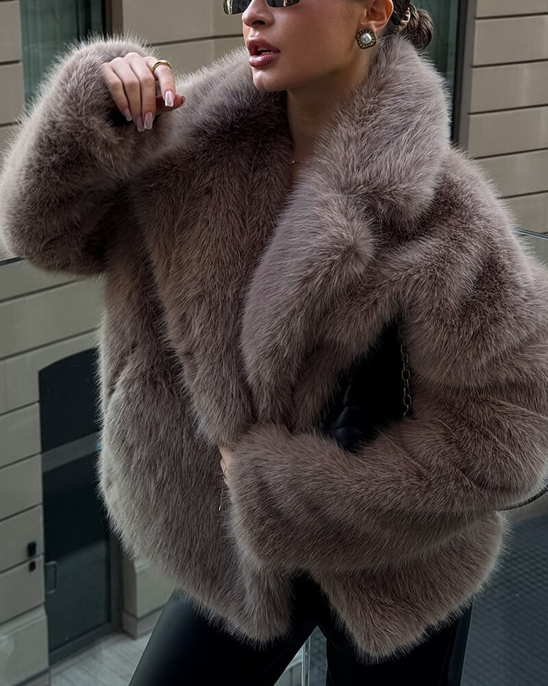 Women's Faux Fur Coat, Yellow Teddy Jacket with Notched Collar, Winter Fake Fur Outerwear for Street Style and Sweet Look