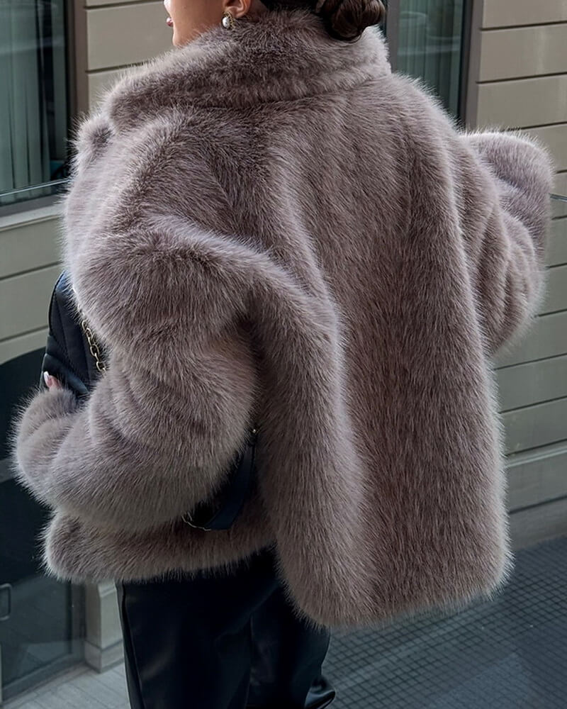 Women's Faux Fur Coat, Yellow Teddy Jacket with Notched Collar, Winter Fake Fur Outerwear for Street Style and Sweet Look