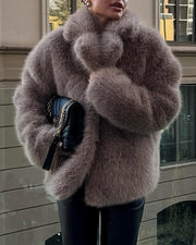 Women's Faux Fur Coat, Yellow Teddy Jacket with Notched Collar, Winter Fake Fur Outerwear for Street Style and Sweet Look