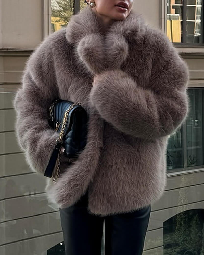 Women's Faux Fur Coat, Yellow Teddy Jacket with Notched Collar, Winter Fake Fur Outerwear for Street Style and Sweet Look