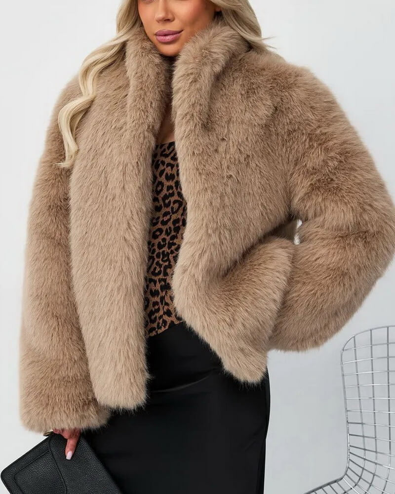 Women's Faux Fur Stand Collar Coat, Plush Teddy Jacket with Detachable Fur Collar, Elegant Winter Outerwear