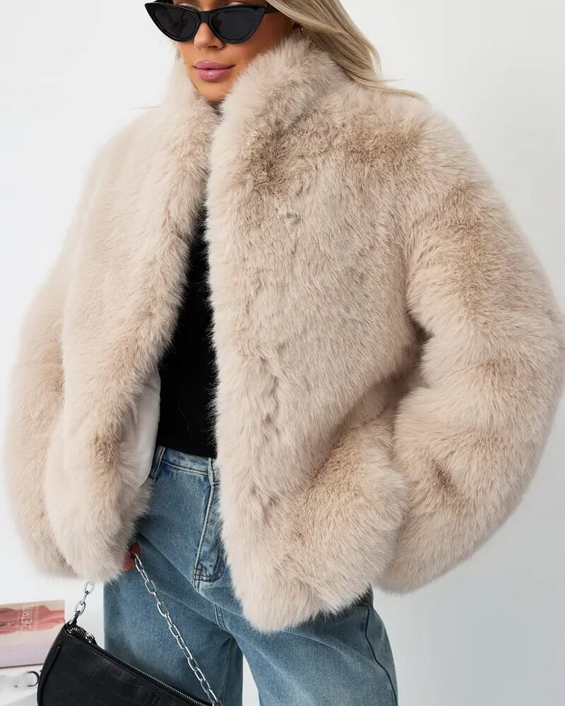 Women's Faux Fur Stand Collar Coat, Plush Teddy Jacket with Detachable Fur Collar, Elegant Winter Outerwear