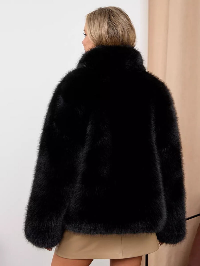 Women's Faux Fur Stand Collar Coat, Plush Teddy Jacket with Detachable Fur Collar, Elegant Winter Outerwear