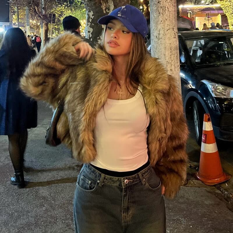 Women's Gold Ombre Faux Fur Jacket, Stand Collar Coat with Detachable Fur Collar, Gradient Teddy Outerwear