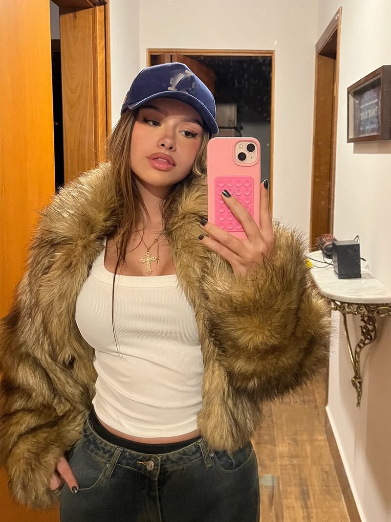 Women's Gold Ombre Faux Fur Jacket, Stand Collar Coat with Detachable Fur Collar, Gradient Teddy Outerwear