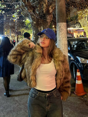 Women's Gold Ombre Faux Fur Jacket, Stand Collar Coat with Detachable Fur Collar, Gradient Teddy Outerwear