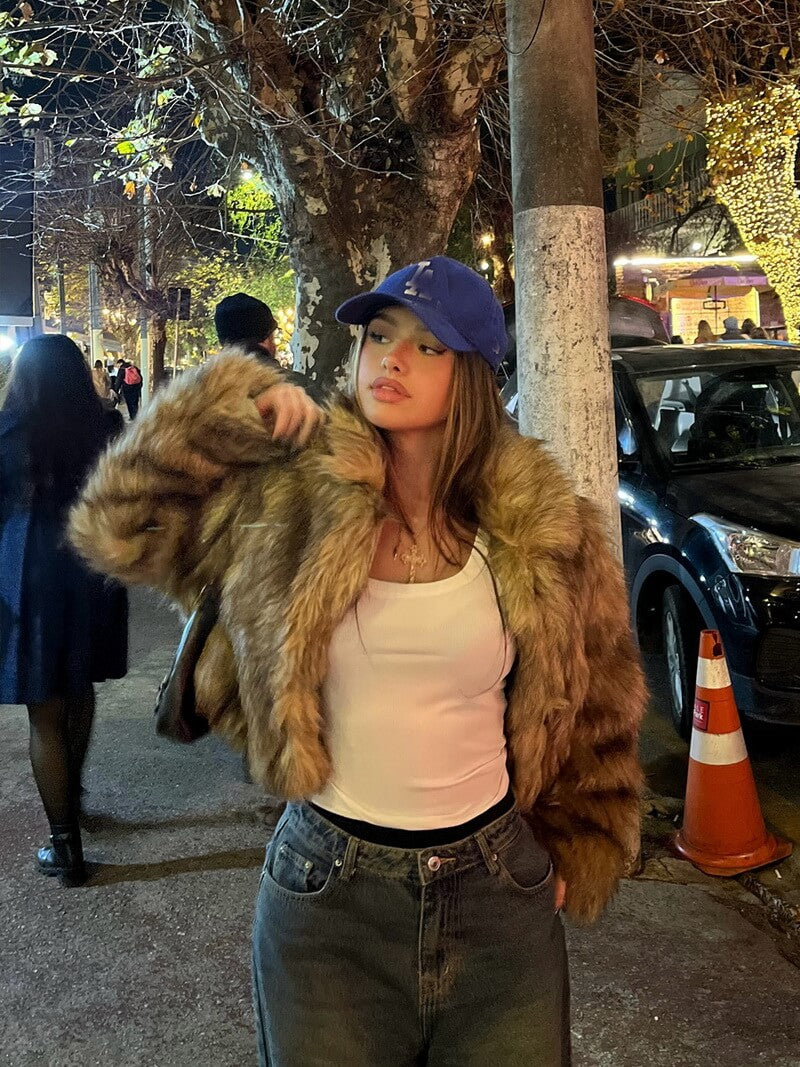 Women's Gold Ombre Faux Fur Jacket, Stand Collar Coat with Detachable Fur Collar, Gradient Teddy Outerwear