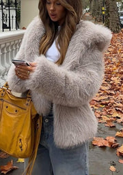 Women's Khaki Faux Fur Hooded Jacket, Plush Teddy Coat, Street Style Outerwear for Fall and Winter