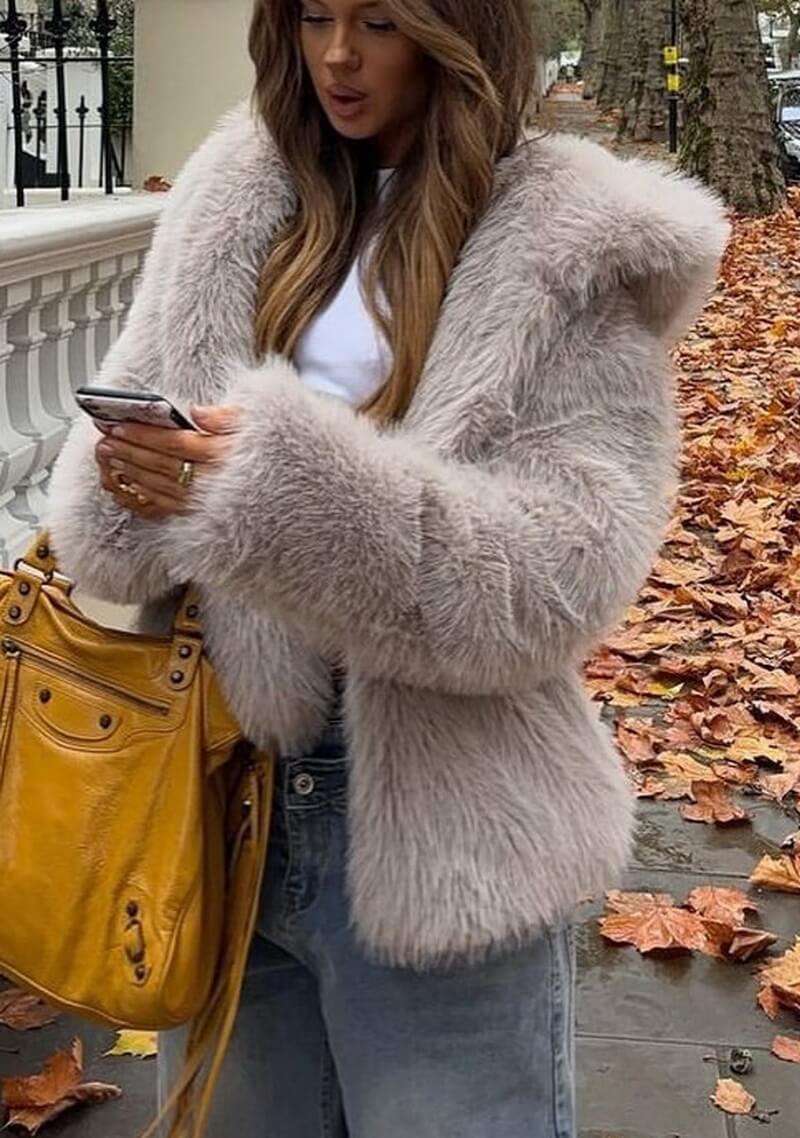 Women's Khaki Faux Fur Hooded Jacket, Plush Teddy Coat, Street Style Outerwear for Fall and Winter