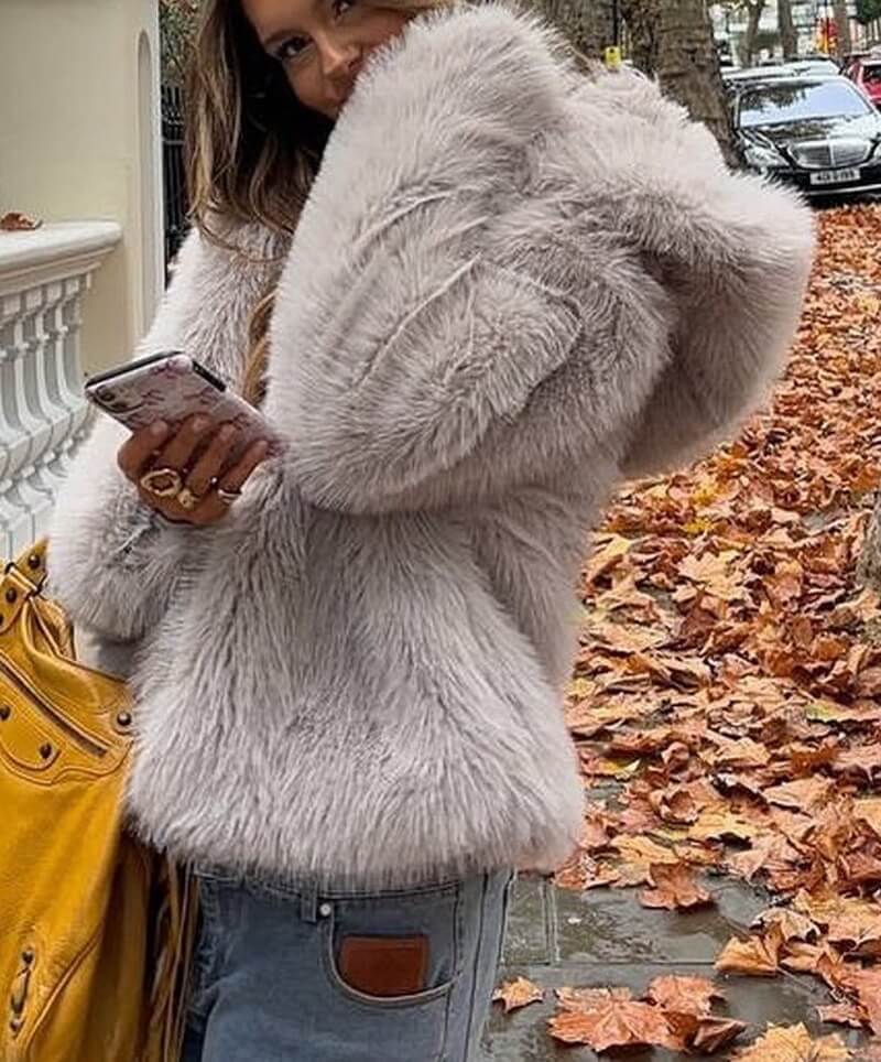 Women's Khaki Faux Fur Hooded Jacket, Plush Teddy Coat, Street Style Outerwear for Fall and Winter