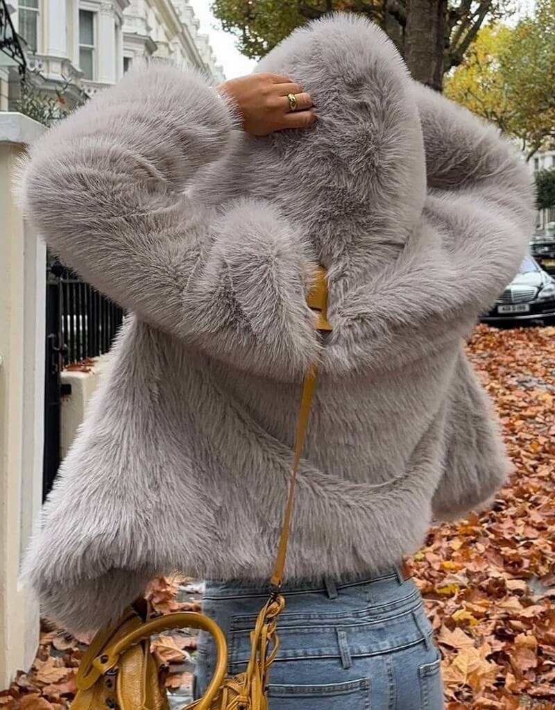 Women's Khaki Faux Fur Hooded Jacket, Plush Teddy Coat, Street Style Outerwear for Fall and Winter